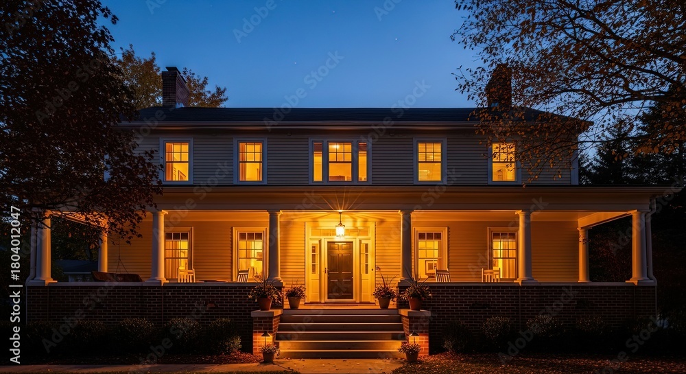 Fototapeta premium Charming Yellow Victorian House Surrounded by Lush Green Trees on a Sunny Day