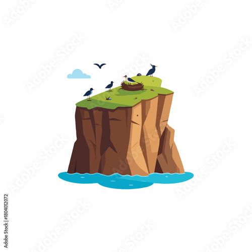 Seaside cliff with bird nesting spot illustration showcases wildlife habitat above the ocean with