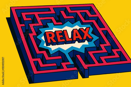 maze with the word RELAX in bold letters at the center, symbolizing stress relief . Generative ai vector colorful pop art illustration.