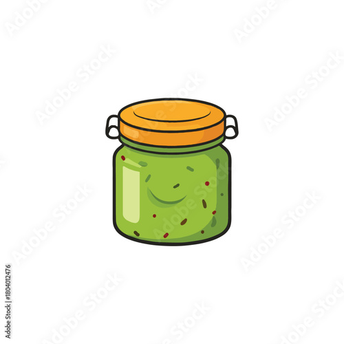 Stylized cartoon jar with preserved green ingredient illustration for culinary product