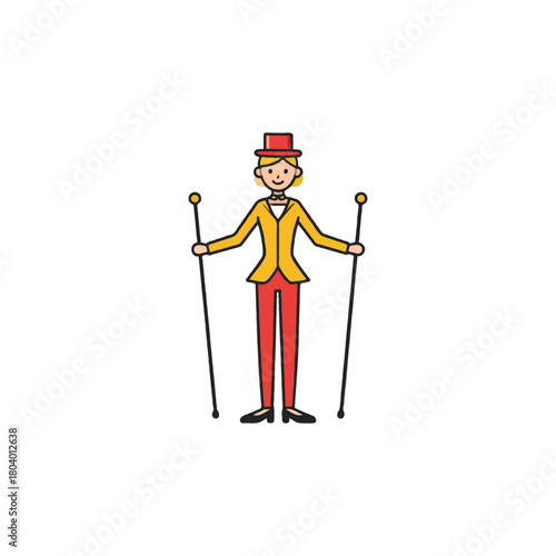 Stylized performer with cane and top hat exhibits classic character depiction for circus or