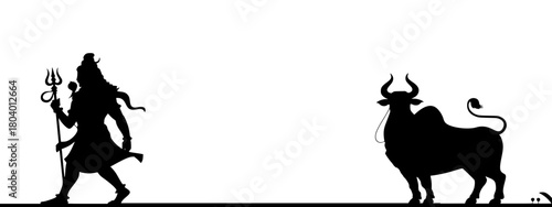 Lord Shiva Walking with Trishula and Nandi Bull Silhouette, Black and White Vector Illustration, Hindu Deity and Sacred Vehicle, Traditional Indian Mythology