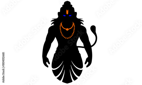 Lord Hanuman Silhouette with Glowing Blue Eyes and Orange Jewelry, Powerful Hindu God and Monkey Deity, Minimalist Vector Illustration, Spiritual and Devotional Art