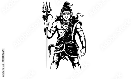 Lord Shiva Standing with Trishula, Powerful Black and White Vector Illustration, Hindu God Mahadev with Third Eye and Damaru, Traditional Indian Mythology Tattoo Design