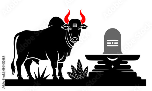 Sacred Nandi Bull and Shiva Lingam on Pedestal, Black and White Vector Illustration with Red Horn Accents, Hindu God Shiva Symbolism, Traditional Indian Religious Art