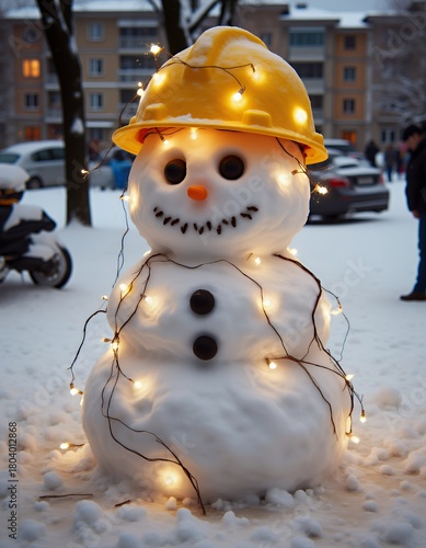 Yellow safety helmet with fairy lights on snow winter construction holiday theme snowman christmas  holiday decoration winter season cute snow