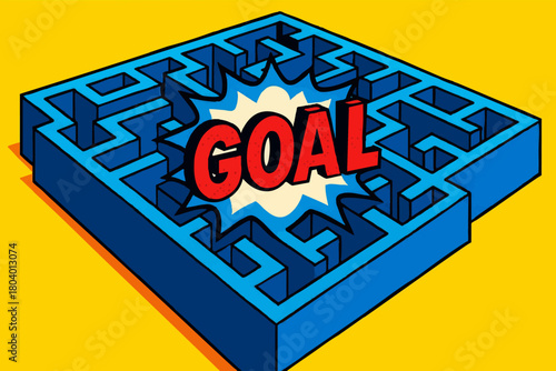 maze illustration in pop art style with the word GOAL exploding at the center, symbolizing achievement and direction. Generative ai vector colorful pop art illustration.
