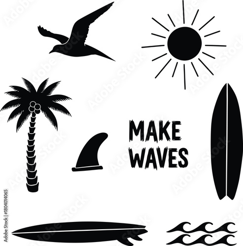 Summer beach icon set with tropical palm trees, ocean waves, and a sunny vacation landscape