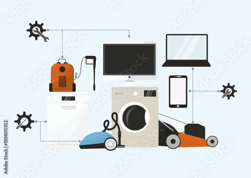 Repairability Index with Home Electronics and Sustainability Icons. variety of home appliances and electronics linked with gear and wrench icons, symbolizing repairability, eco-design, and product sus