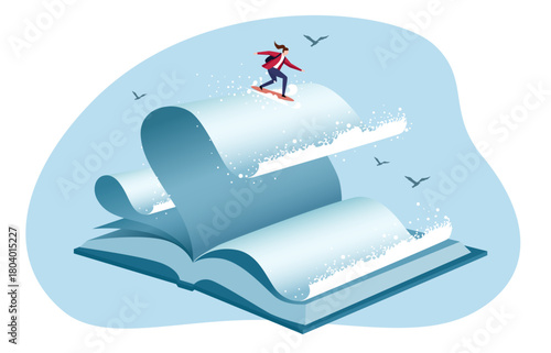 A woman surfs on a wave formed from the pages of an open book, symbolizing the journey and adventure of learning and reading.