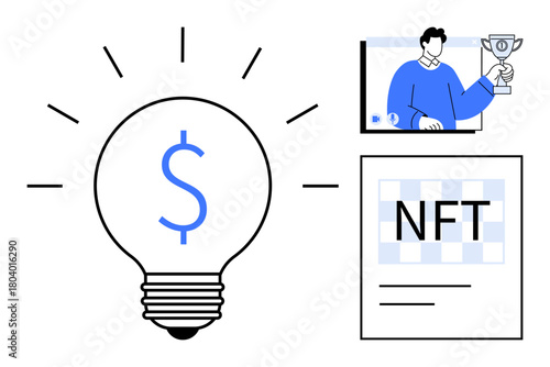 Light bulb with dollar sign, video call displaying a trophy and person, and NFT document. Ideal for digital transformation, cryptocurrencies, NFTs, innovation, business insights, blockchain online