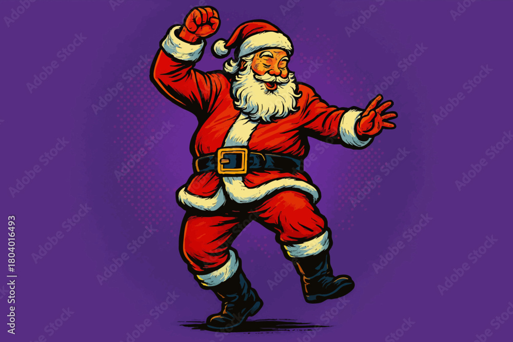 Obraz premium Santa Claus joyfully dancing with raised arms, celebrating the festive holiday season in style. Generative ai vector colorful pop art illustration.