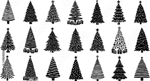 Christmas Trees Collection: A variety of detailed and stylized black silhouette holiday tree illustrations, some decorated with stars and gifts, isolated on white.