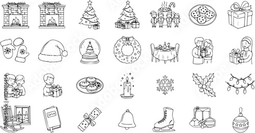 Detailed Christmas Holiday Line Art Icons Collection - Festive Elements for Winter Season and Celebration Graphics