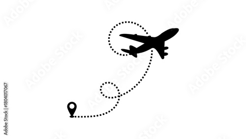 Airplane flight route with line trace, black isolated silhouette