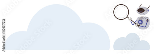 Robot labeled IA holding magnifying glass overlooking cloud shapes, emphasizing data exploration. Ideal for artificial intelligence, cloud computing, machine learning, data analysis, innovation
