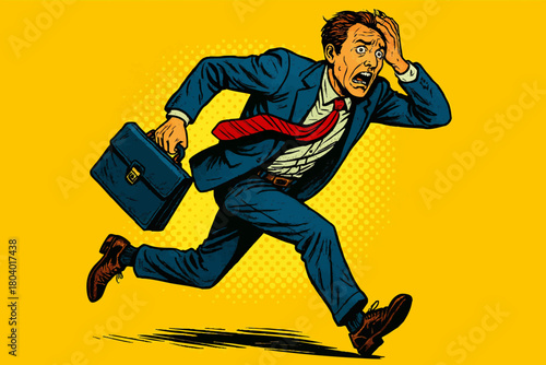 frantic businessman sprinting with a briefcase, symbolizing stress, urgency, deadlines, and the rush of corporate life. Generative ai vector colorful pop art illustration.