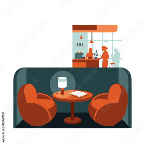 Cozy seating area with a table, lamp, and open book, near a counter.