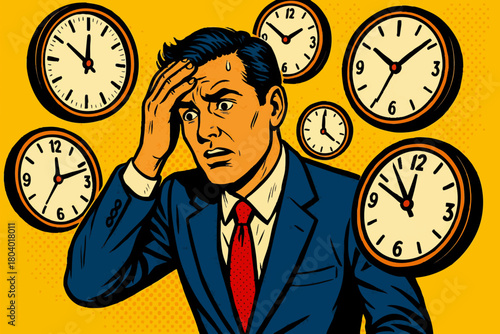 worried businessman sweating under time pressure, with multiple clocks showing different times around him. Generative ai vector colorful pop art illustration.