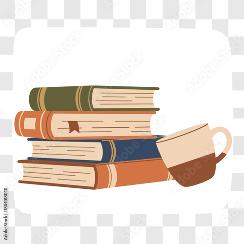Stack of books with a tilted coffee cup nearby.