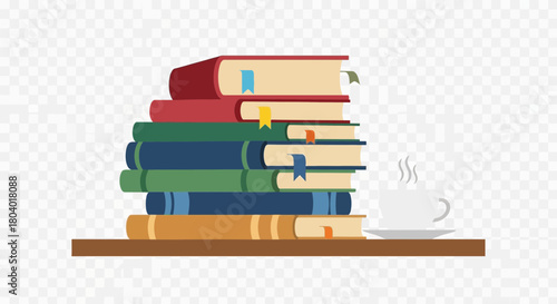 Stack of books with bookmarks and a steaming cup of coffee.