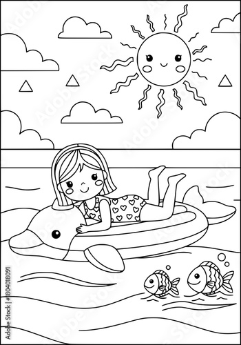 a girl swims in the sea on an inflatable mattress. coloring book