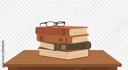 Stack of books with glasses on a wooden surface.