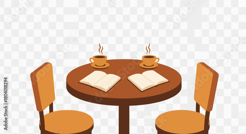 Two chairs and a table with books and coffee cups.