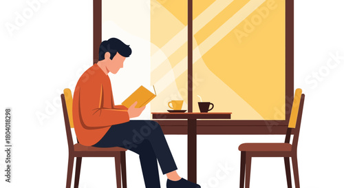 Man reading a book at a table with drinks.