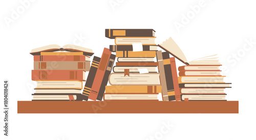 Stacks of open and closed books with various colored covers.