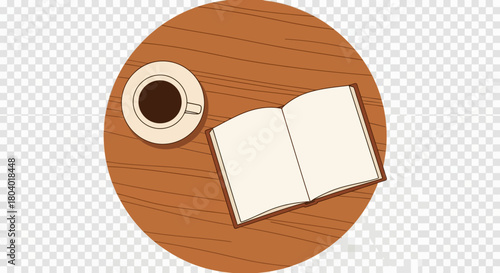 Open book and coffee cup on wooden table.