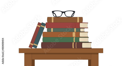 Stack of books with glasses on top of a wooden table.