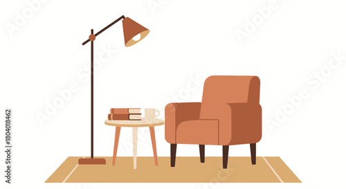 Armchair, lamp, table with books and cup on rug.