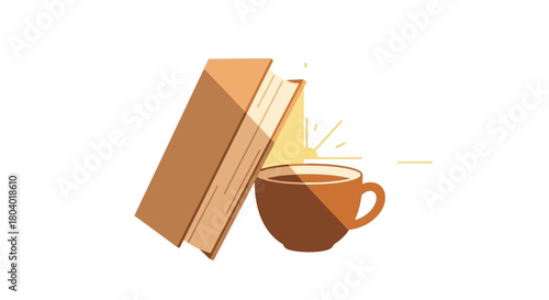 Book leaning against a cup of coffee with radiating lines.