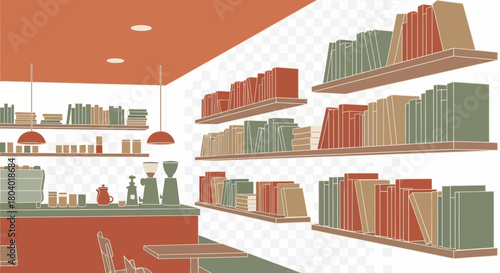 Bookshelves and coffee counter in a minimalist interior.