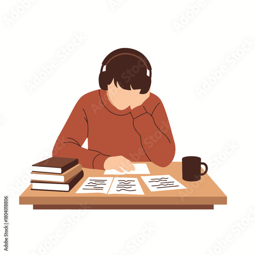 Person with headphones studying at a desk with books and papers.