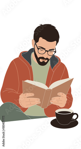 Man with beard and glasses reading book with cup of coffee.