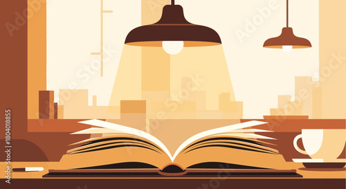 Open book with lamps and coffee cup on a desk.