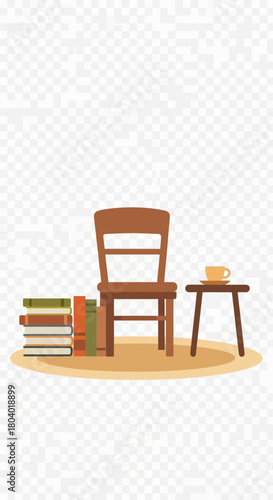 Stack of books next to a chair and a cup on a small table.