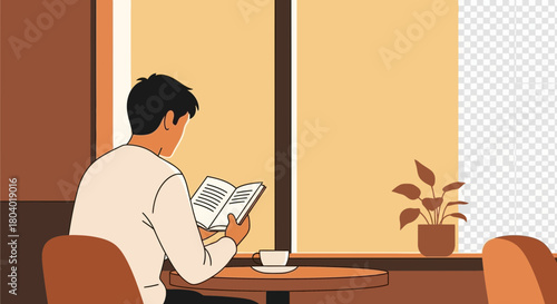 Person reading a book with a cup of coffee and a plant.