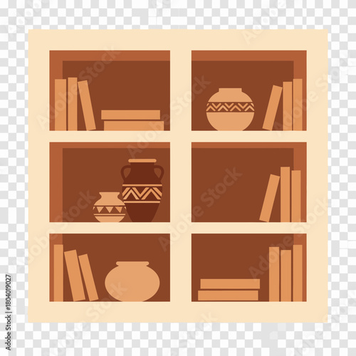 Books and pottery displayed on shelves in a cabinet.
