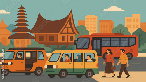 Indonesian City Street with Public Transport Vector