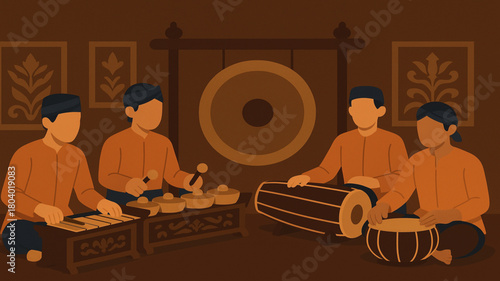 Indonesian Gamelan Music Performance Vector Illustration