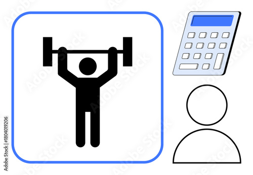 Person lifting a barbell representing strength and fitness, accompanied by a calculator and user avatar for tracking, planning, and self-management. Ideal for health, analytics, accountability, goal