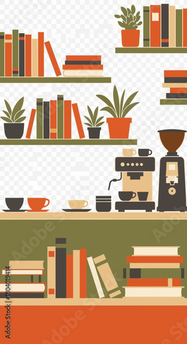 Bookshelves with books, plants, and coffee maker with cups.