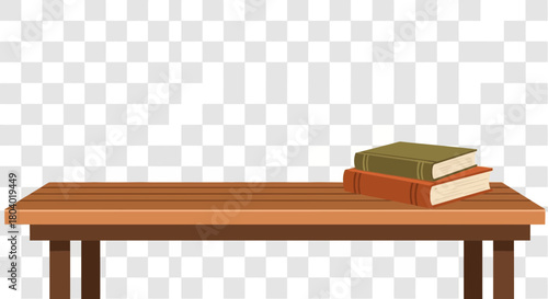 Two books stacked on a wooden table.