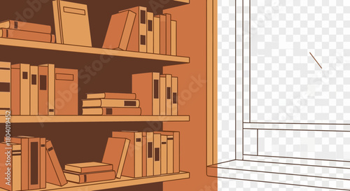 Bookshelves filled with books next to a window.