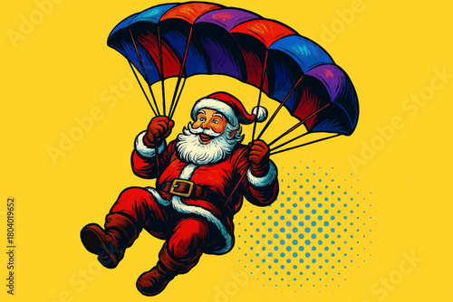 Santa Claus joyfully descending with a multicolored parachute. Generative ai vector colorful pop art illustration.