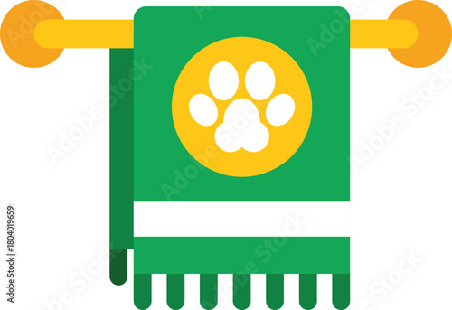 Green towel with a paw print symbol hanging on a towel rail, perfect for representing pet care and hygiene