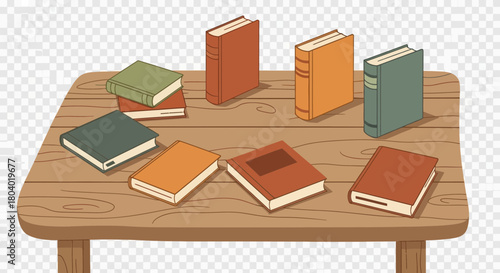 Several colorful books are arranged on a wooden table.